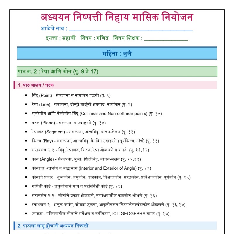 इयत्ता सहावी (गणित) मासिक नियोजन 