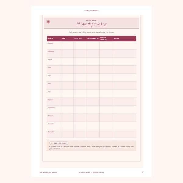 12-Month Cycle Log | Printable Period Tracker Page