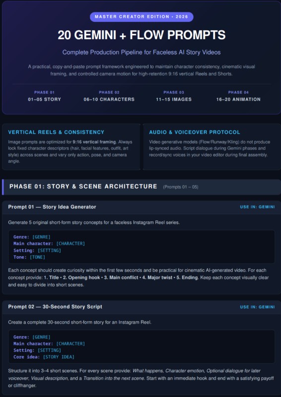 20 Gemini + Flow Prompts: Faceless AI Story Video Blueprint