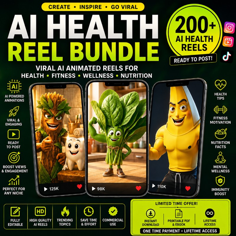 200+ AI Health Reel Bundle – Viral Animated Reels for Health, Fitness, Wellness & Nutrition