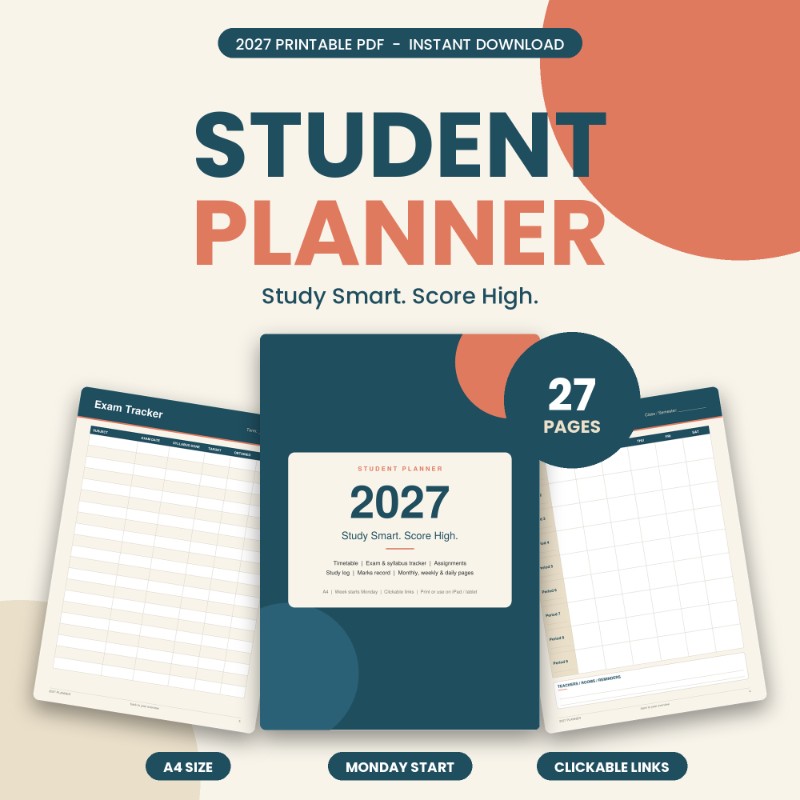 2027 Student Planner PDF - Timetable, Exam Tracker, Syllabus Tracker (A4 Printable)