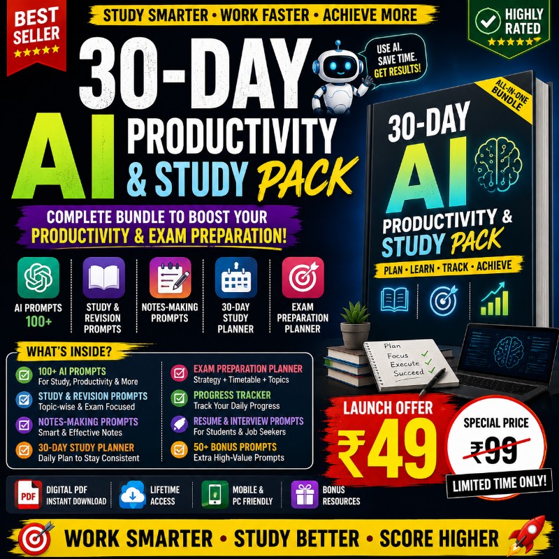 30-Day AI Productivity & Study Pack | 100 AI Prompts + Planner
