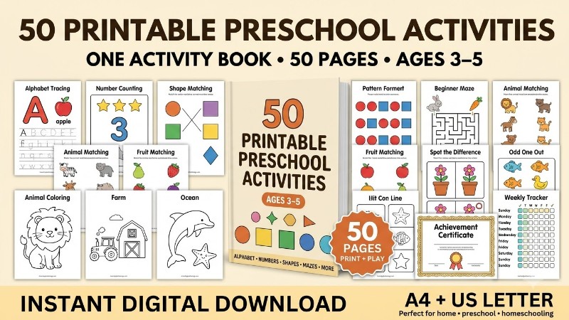 50 Printable Preschool Activities for Ages 3–5 | Fun + Easy Learning at Home
