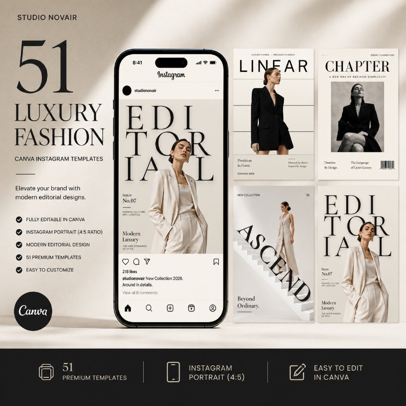 51 Premium Fashion Instagram Templates - Editable Canva Post Bundle for Boutiques, Stylists & Fashion Brands (Trendy Minimalist Aesthetic)