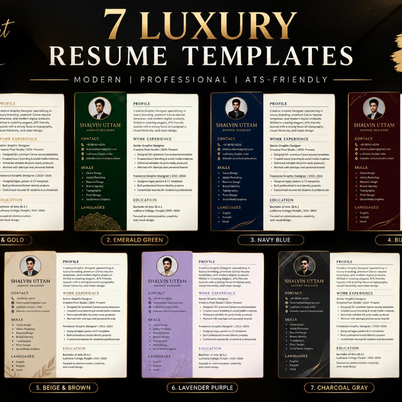 7 Luxury ATS-Friendly Resume Templates Bundle  Editable Canva CV Pack