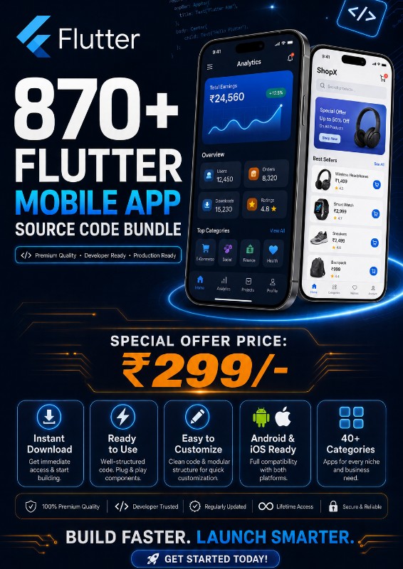870+ Premium Flutter Mobile App Source Code Bundle (Android & iOS)
