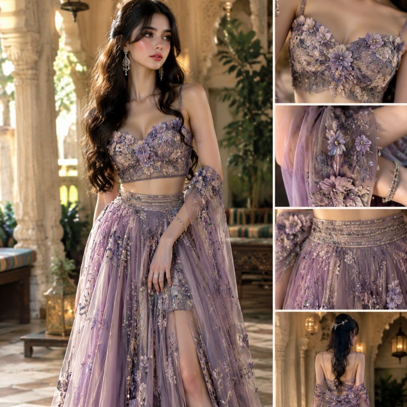 “A luxurious designer lehenga featuring exquisite detailing, a modern silhouette, and an effortlessly royal look.”