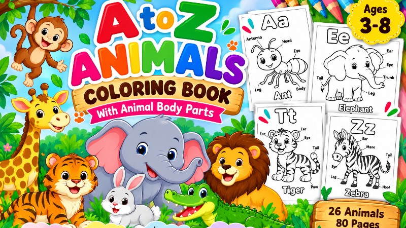 A to Z Animals Coloring Book for Kids | Animal Body Parts Learning | Printable PDF | Ages 3–8