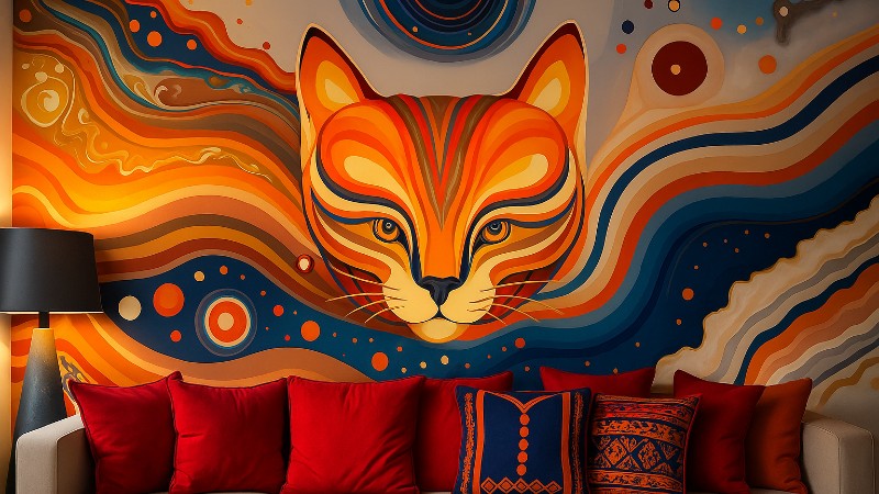Abstract Cat Mural in Living Room