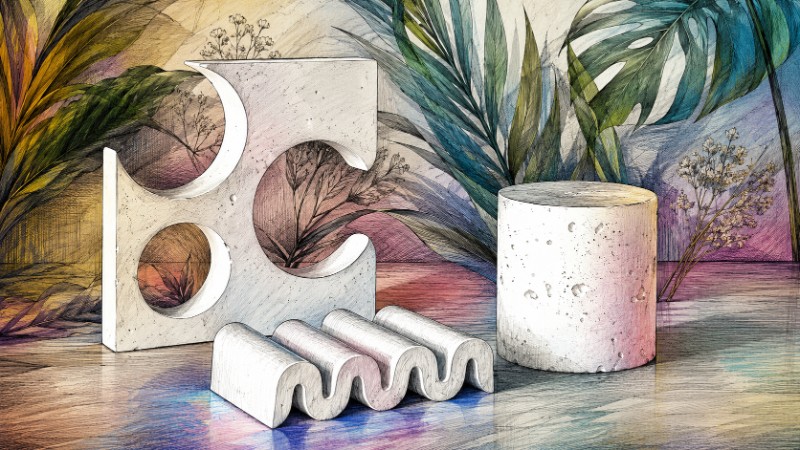Abstract forms with botanical backdrop