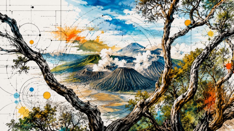 Abstract volcanic landscape with tree framing