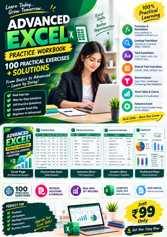 Advanced Excel Practice Workbook – 100 Practical Exercises + Solutions