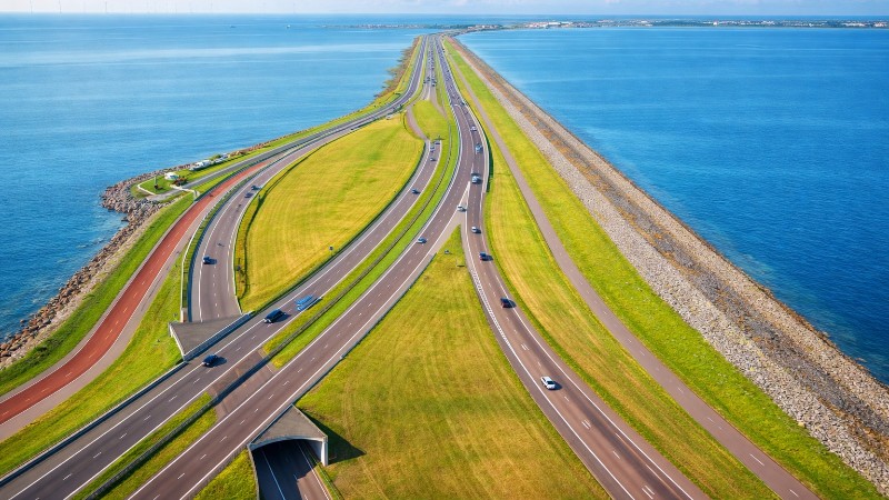 Aerial view of a causeway over water