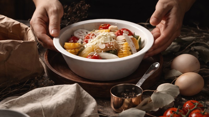 Aesthetic pasta salad with ingredients
