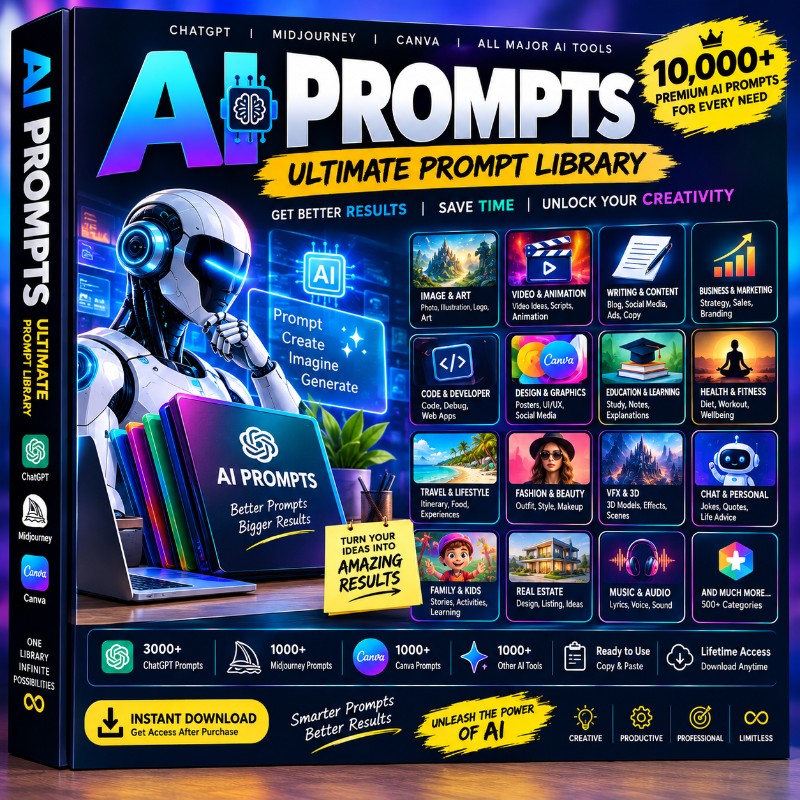 🔥 AI Prompts Ultimate Library – 10,000+ Premium Prompts for ChatGPT, Midjourney & More