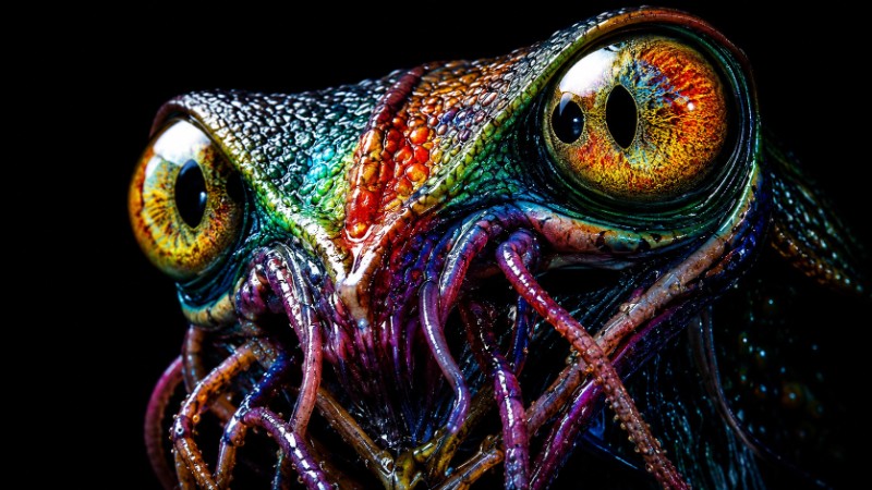 Alien amphibian close-up with glowing eyes