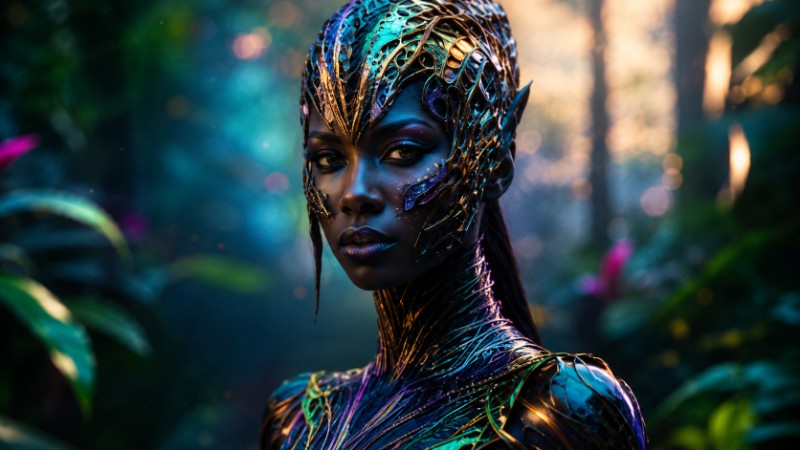 Alien goddess in a mystical forest 