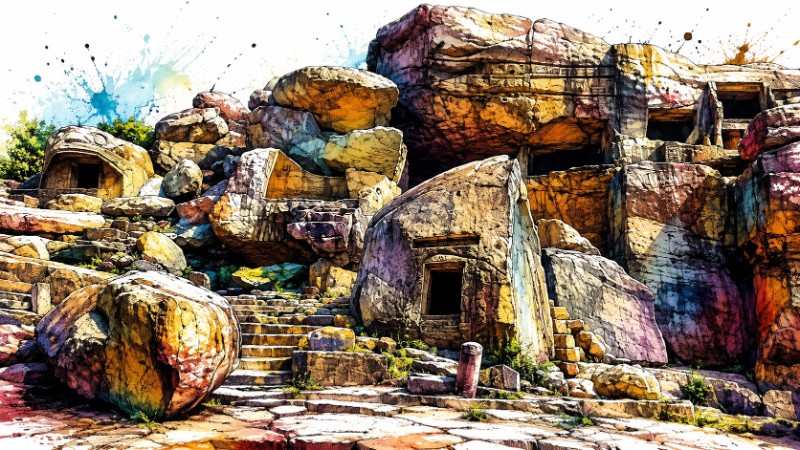 Ancient cliffside cave complex in watercolor
