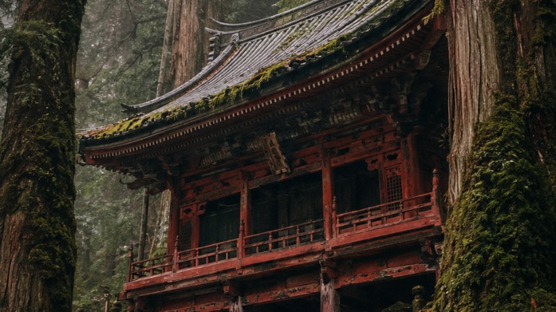 Ancient Japanese Temple in Misty Cedar Forest – 4K Aesthetic Wallpaper