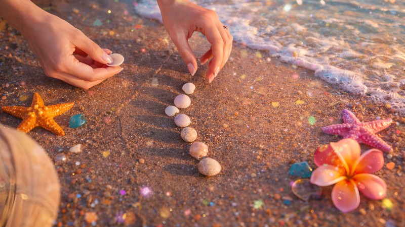 Arranging seashells on a sandy beach