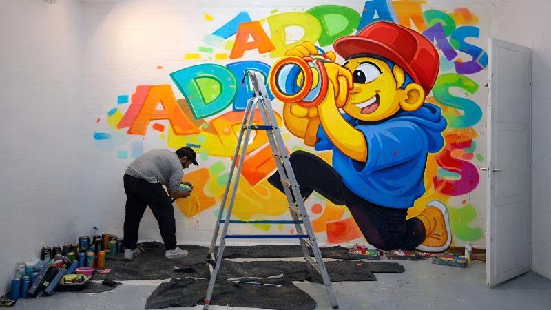 Artist painting a bold graffiti character