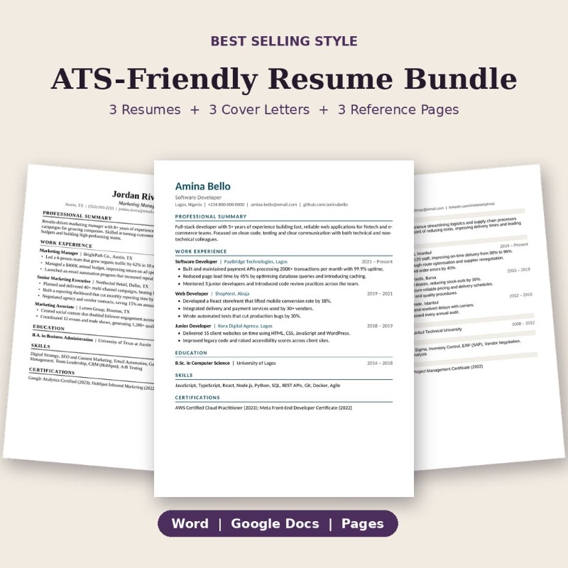 ATS-Friendly Resume Bundle | 3 Resume Templates + Cover Letters + References (Word, Google Docs)