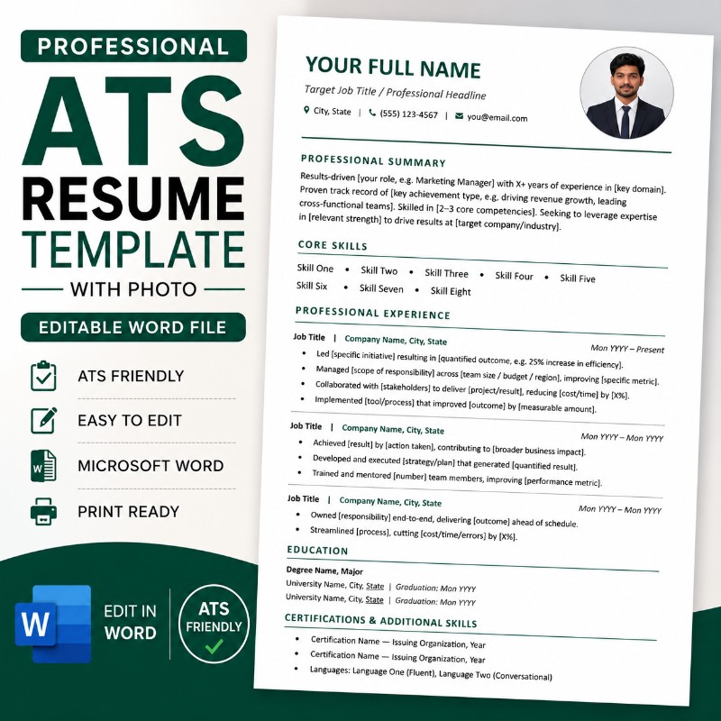 ATS Resume Template with Photo – Editable Word