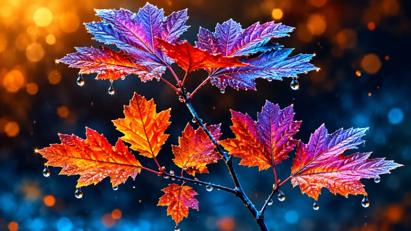 Autumn leaves with rain droplets 
