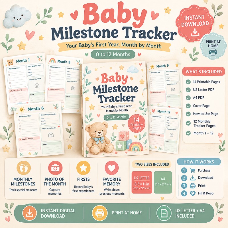 Baby Milestone Tracker – 0 to 12 Months Printable Bundle