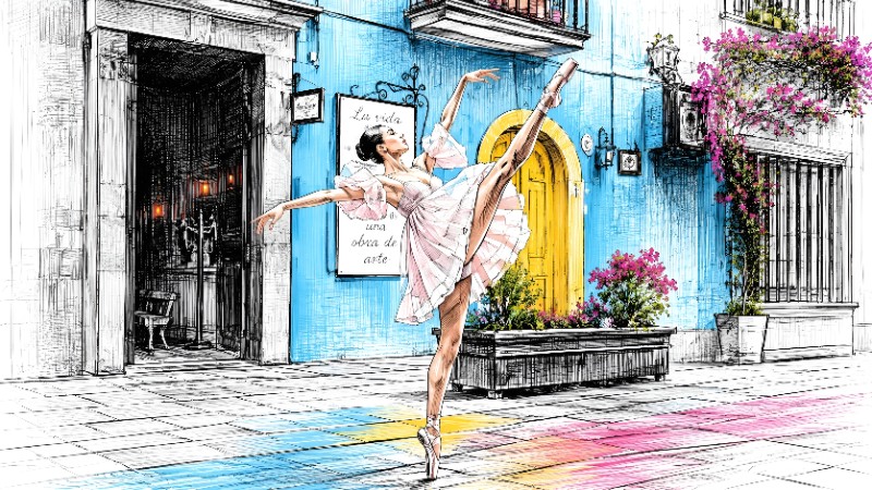 Ballet dancer in a vibrant courtyard