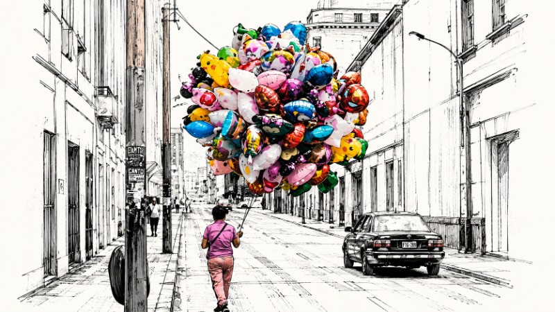 Balloon-filled street in vibrant sketch