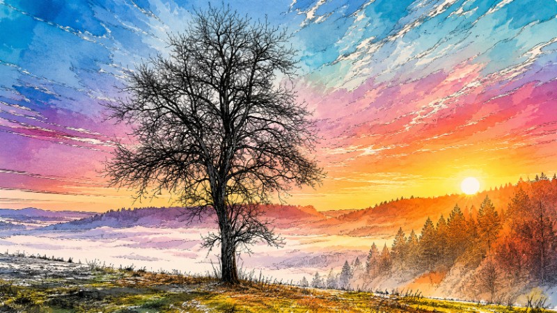 Bare tree at sunrise over hills