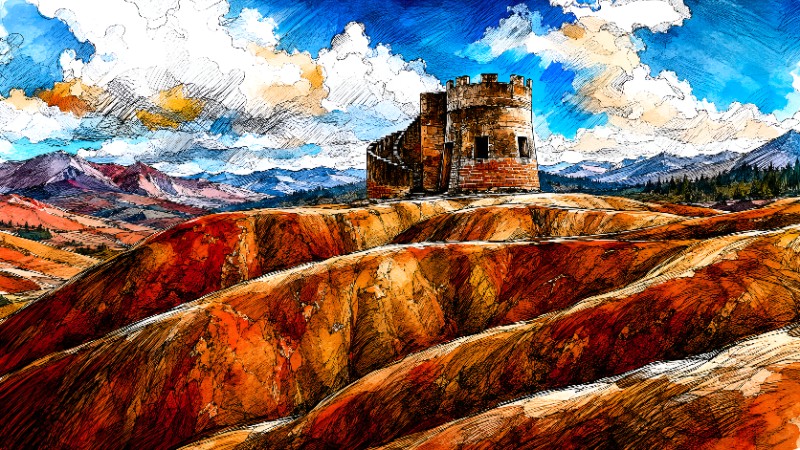 Barren hills with fortress tower