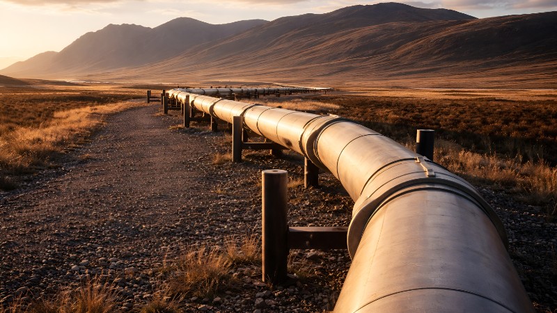 Barren landscape and towering pipeline