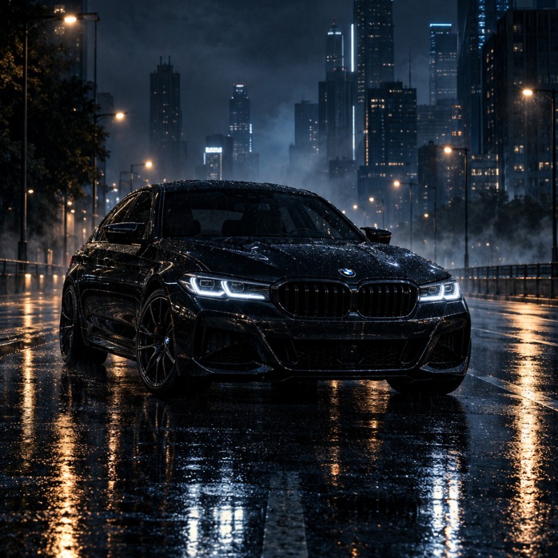 Black BMW Luxury Sedan — Midnight Rain Edition