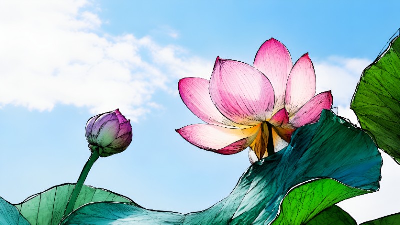 Blooming lotus under a bright sky