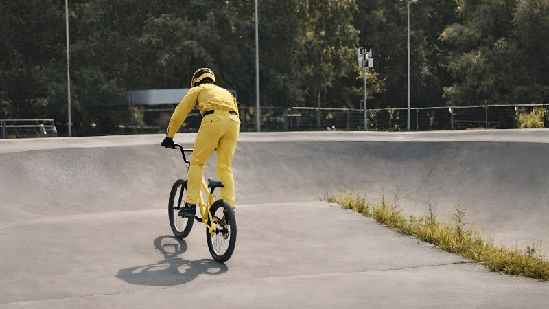 BMX rider in yellow at skate park