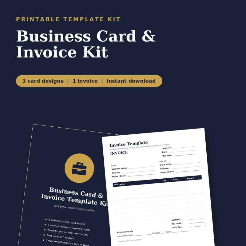 Business Card & Invoice Template Kit | 3 Designs + Editable Invoice (PDF)