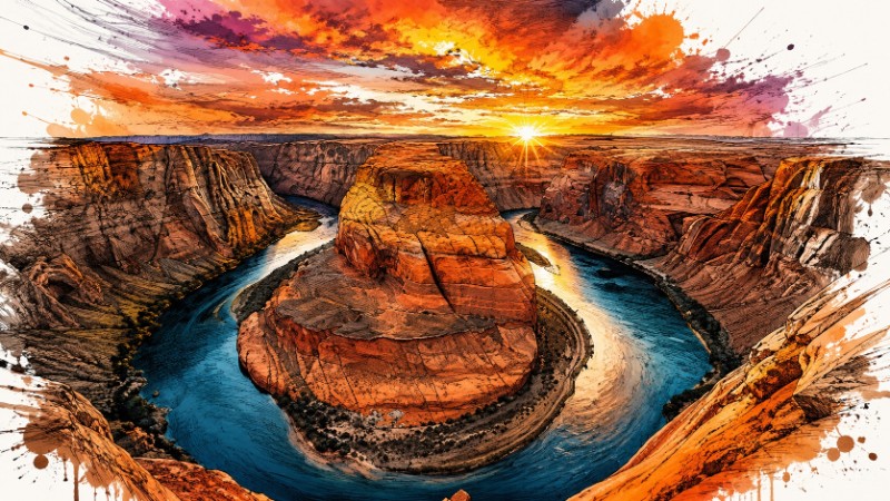 Canyon river at sunset in ink and watercolour