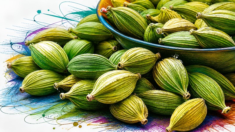 Cardamom pods with vibrant splashes