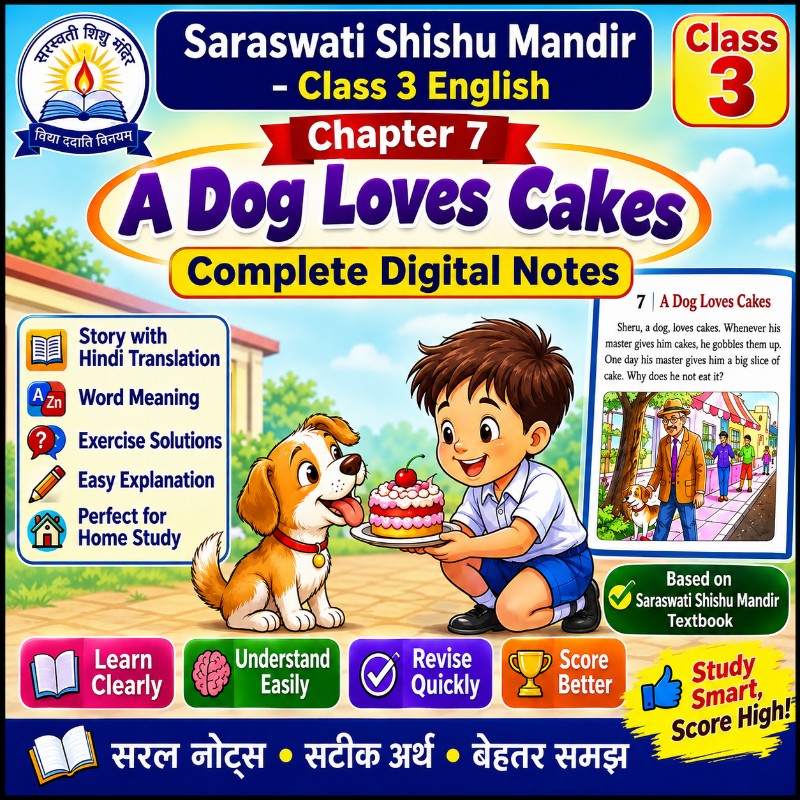 Class 3 English Chapter 7 – A Dog Loves Cakes  | Complete Digital Notes | Hindi Translation + Word Meaning + Exercise Solutions