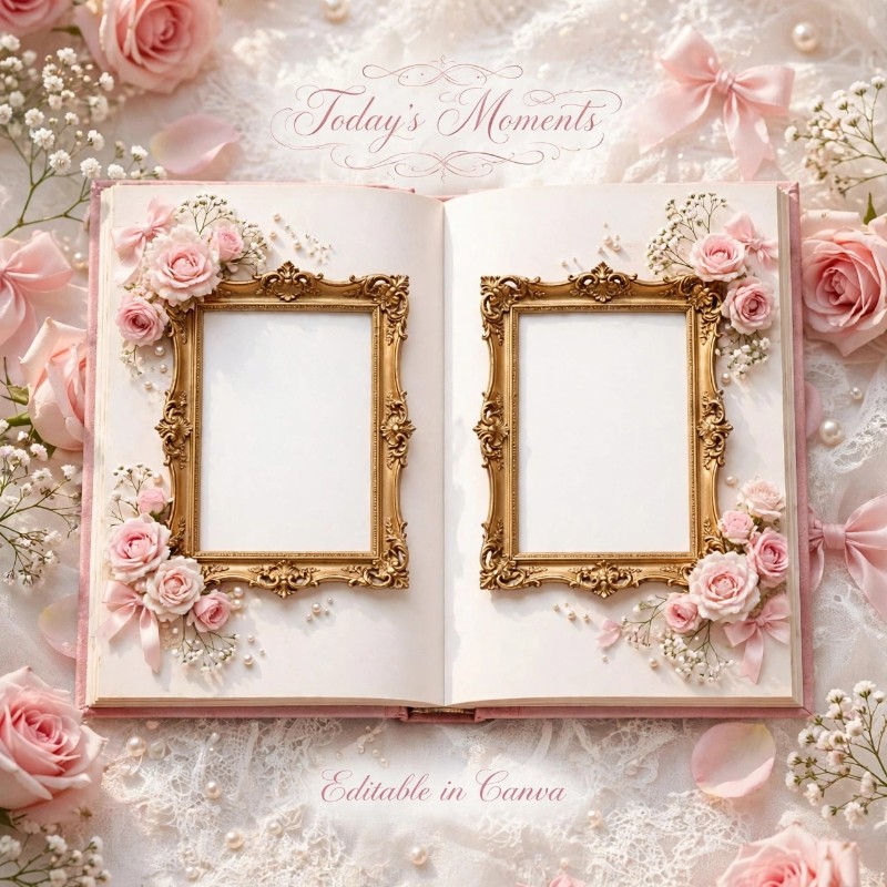 Coquette Photo Album Template - Editable in Canva | Aesthetic Pink Gold Vintage Album | 20 Pages Drag & Drop | Baby, Birthday, Wedding Memories