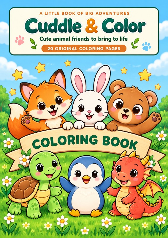 Cuddle & Color – Cute Animal Coloring Book for Kids | 20 Printable Coloring Pages PDF | Digital Download
