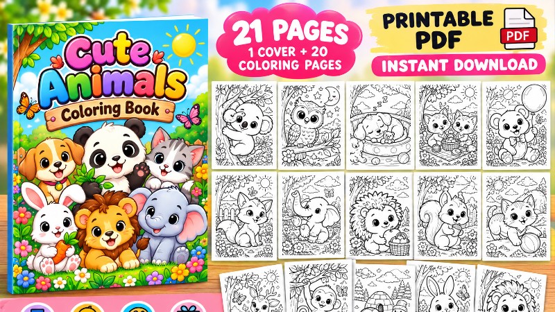 Cute Animals Coloring Book – 20 Printable Pages