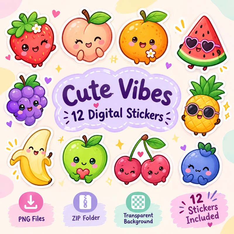 Cute Vibes — 12 Kawaii Fruit Stickers