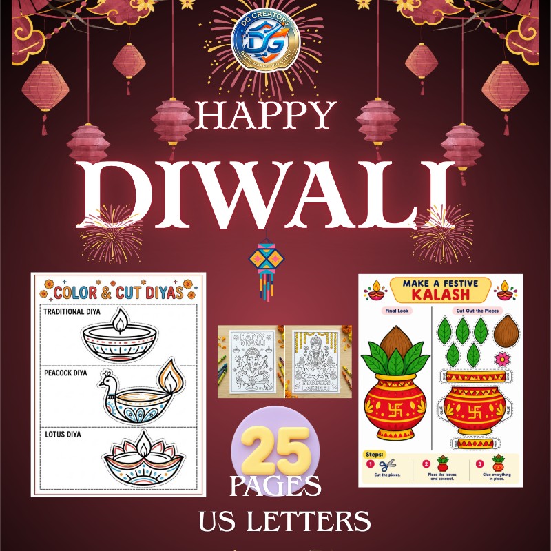 Diwali Coloring and Craft Book for Kids – 25 Pages US Letter, Printable Diwali Activities, Cut and Paste Worksheets, Indian Festival Art, Digital Download