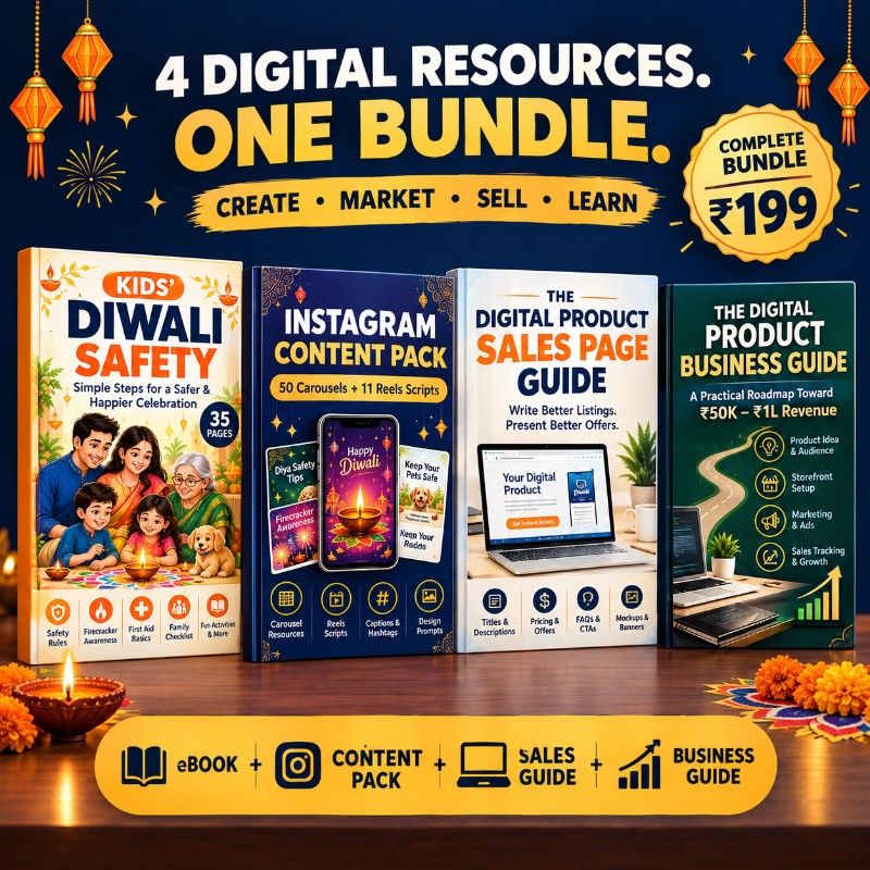 Diwali Digital Business Bundle – Safety eBook, 50 Carousels, 11 Reels + Sales & Business Guides