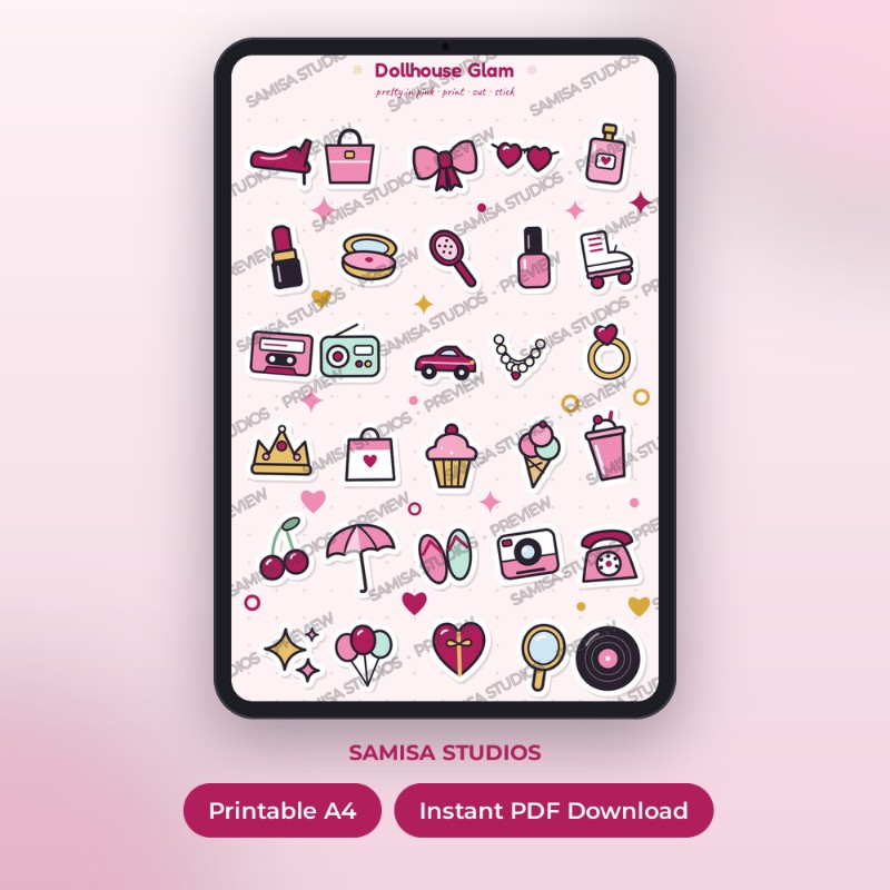 Dollhouse Glam Stickers | 30 Stickers Ready Cut Out PDF