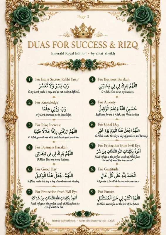 Dua for Rizq, Business Barakah & Success with Arabic & English. For Muslim businesswomen, students. Emerald Gold luxury design. Part of 34 Duas Collection by zinat_sheikh. A4 PDF.