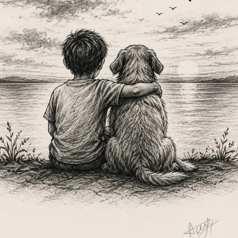 Forever Friends – Heart Touching Boy & Dog Pencil Sketch | Emotional Digital Wall Art